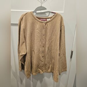 Chic 2X Tan Waffle Knit Snap Front Cardigan Long Sleeve Cotton Blend Top